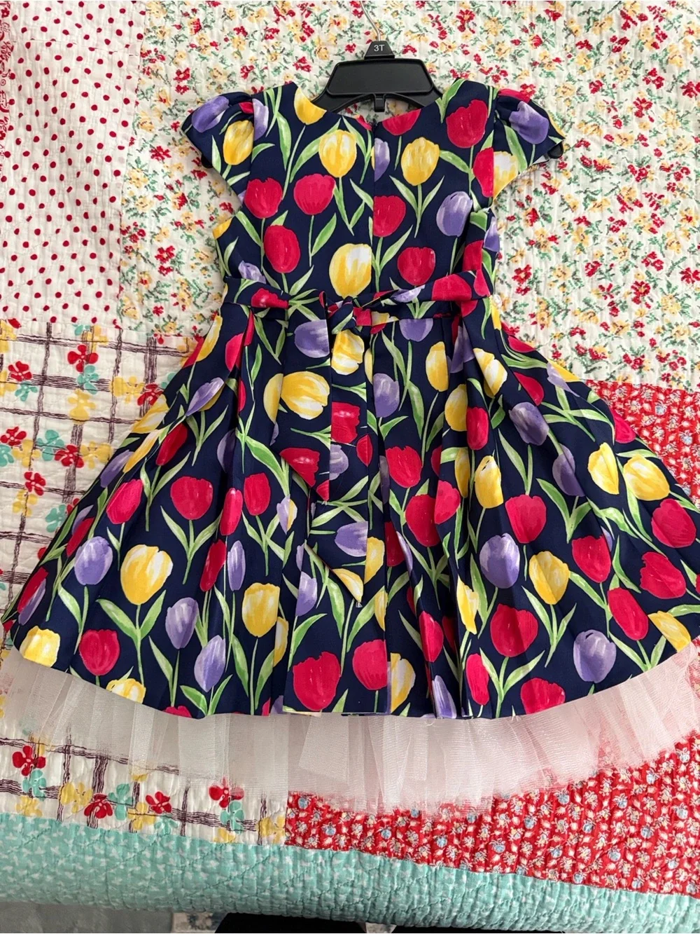 American Princess Navy Tulip Print Party Dress with Pearl Belt